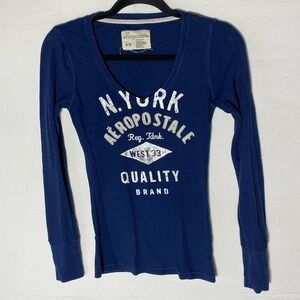 Vintage Y2K Aeropostale Dark Blue Long Sleeve Deep V Neck Ribbed Top M